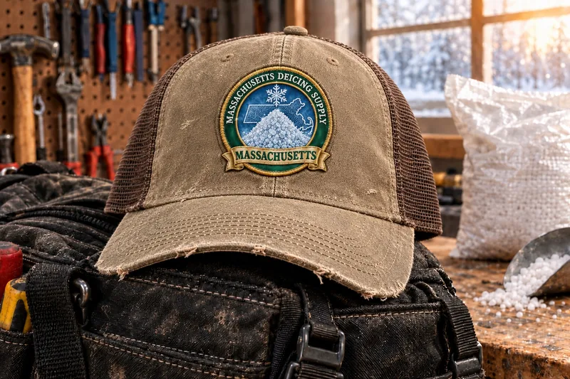 Massachusetts Deicing Supply trucker cap on a tool bag in a workshop