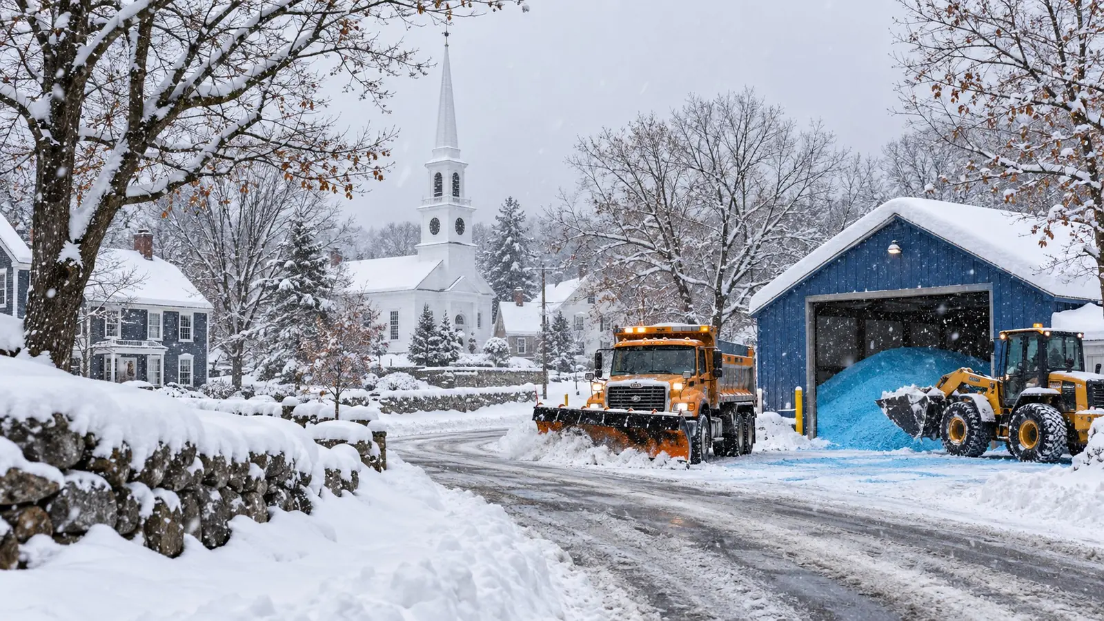 Plow truck and loader at a blue treated salt pile beside a white church in a snowy New England town
