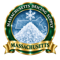 Massachusetts Deicing Supply badge: snowflake and Massachusetts outline over a salt pile